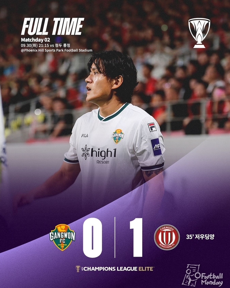 중국 청두 피닉스 힐 스포츠파크 축구경기장에서 열린 청두 룽청(중국)과의 원정에서 0-1로 패한 강원FC ⓒ강원FC