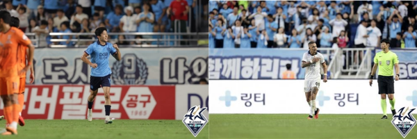 최근 결승 골을 기록한 대구의 공격수 고재현과 바셀루스 ©연합뉴스=한국프로축구연맹 제공 최근 결승 골을 기록한 대구의 공격수 고재현과 바셀루스 ©연합뉴스=한국프로축구연맹 제공